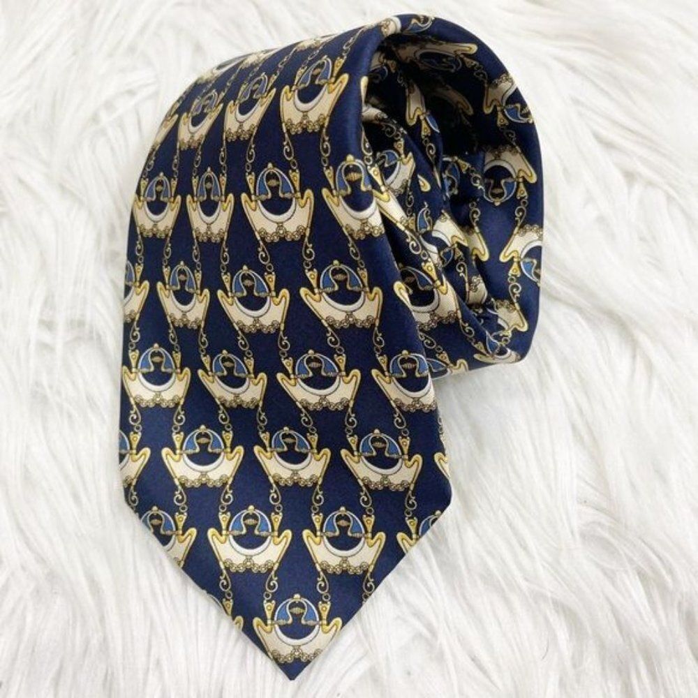 FENDI Tie Men's Classic 100% Silk Blue Gold One Size
